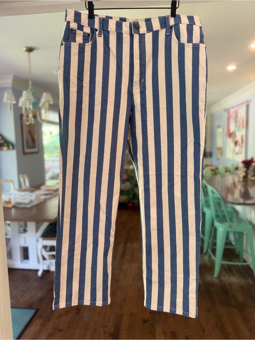 Boden High Rise Stripe Jeans Blue White Vertical Striped Straight Leg